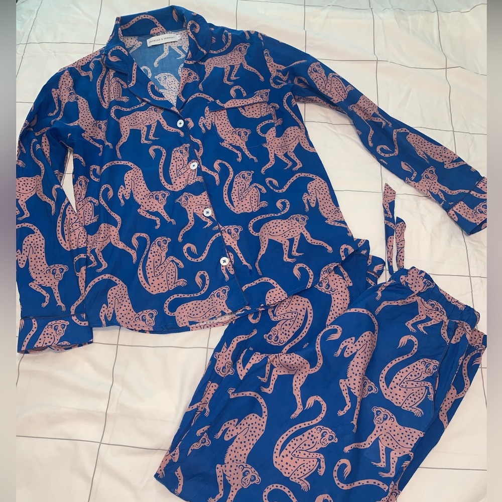 Desmond & Dempsey Long Pyjama Set Blue and Pink - S